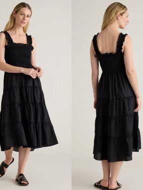Quince Organic Cotton, Black Smocked Tiered Midi Dress with Ruffle Straps